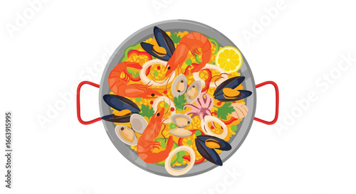 Authentic Spanish Seafood Paella Presentation Displaying Vibrant Ingredients in a Traditional Pan  Drawing Delicious and Inviting Image