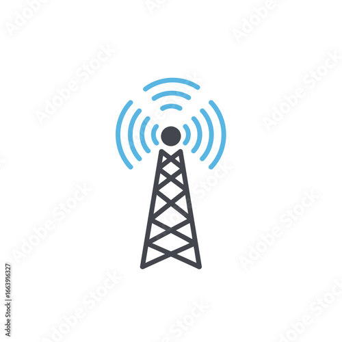 Minimalist graphic of a tower emitting signal waves in blue and black colors, concept for telecommunication infrastructure, broadcasting technology and wireless connectivity solutions