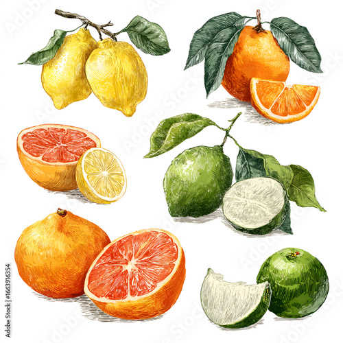 Colorful assortment of citrus fruits displayed in a grid on a white background