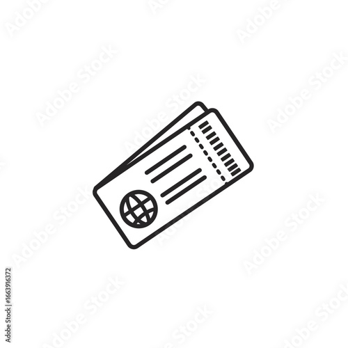 Line art illustration of two airline tickets with a globe icon for travel planning, concept for vacation booking, journey visualization and tourism promotion