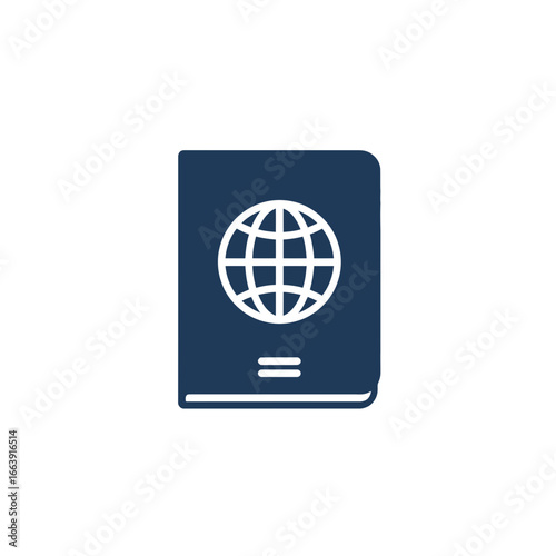 Dark blue passport with a globe icon for international travel document representation, concept for identification, global access and visa application materials