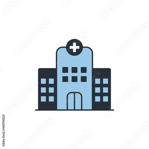 Blue hospital building icon with a cross symbol on white background, concept for healthcare facility, medical center representation, and clinic service promotion