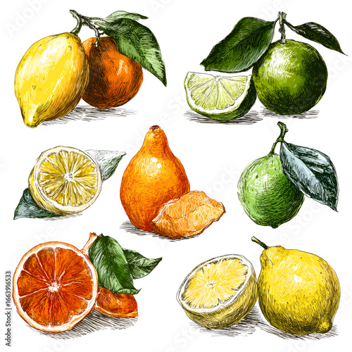Colorful assortment of citrus fruits displayed in a grid on a white background