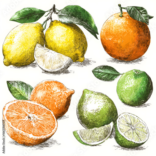 Colorful assortment of citrus fruits displayed in a grid on a white background