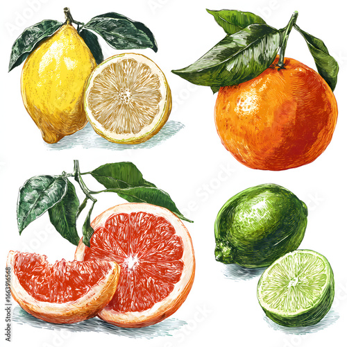 Colorful assortment of citrus fruits displayed in a grid on a white background