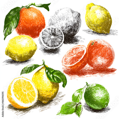 Colorful assortment of citrus fruits displayed in a grid on a white background