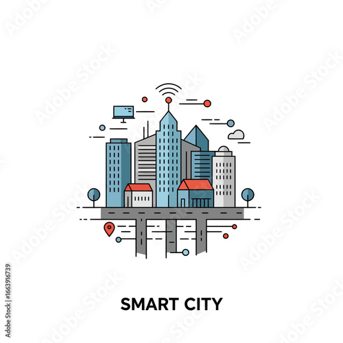 Linear illustration of a modern cityscape with buildings, roads, and digital connections, concept for urban development, internet of things and futuristic technology