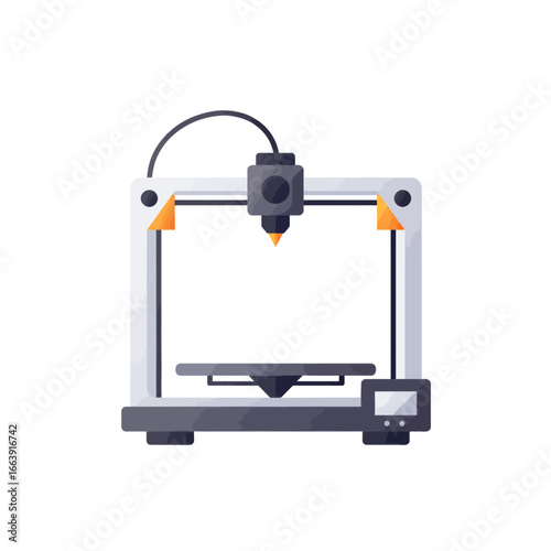 White 3D printer with black head and flat design on a plain background, concept for engineering demonstration, technology prototyping and innovative product development
