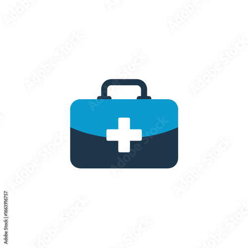 Blue first aid kit icon with a white cross isolated on white backdrop, concept for emergency medical service, healthcare assistance and hospital urgency care symbol