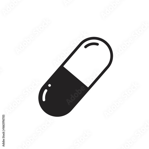 Monochrome icon of a single capsule pill with a two-toned design isolated, concept for medication guide, pharmaceutical advertising and health supplement promotion