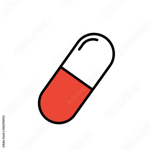 Single medical capsule with red and white color isolated on white background. Concept for pharmaceutical illustration, healthcare treatment, and medical awareness campaigns