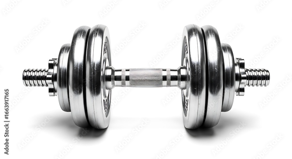 Fototapeta premium Pair of metallic dumbbells, isolated on white background, ready for exercise.