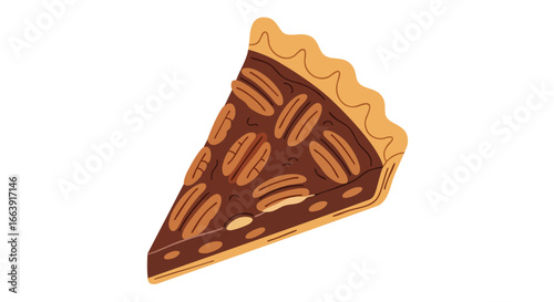 Illustration of a delectable pecan pie slice with golden crust and nutty filling presented against a plain backdrop