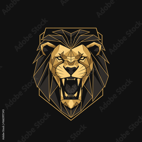 Geometric lion head  design, gold and black, majestic roar.