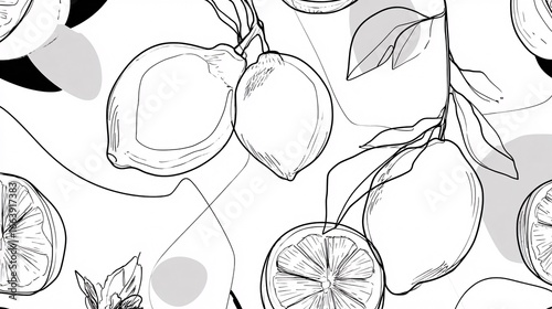 Lemon fruit with leaves on a white background in a line art style.