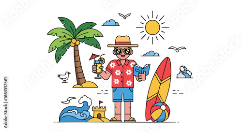 Illustrative depiction of a tourist enjoying vacation on a tropical beach destination with cocktail and book under sunny skies with surfing