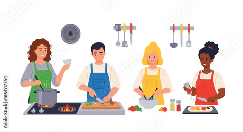 Diverse group enjoys communal cooking preparing healthy foods in a bright modern kitchen fostering collaborative culinary experiences