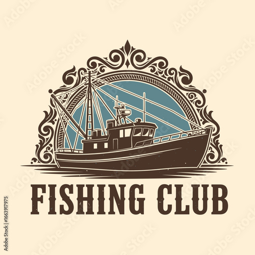 A vintage-style emblem featuring a trawler boat within an ornate frame. Perfect for fishing clubs or related businesses.