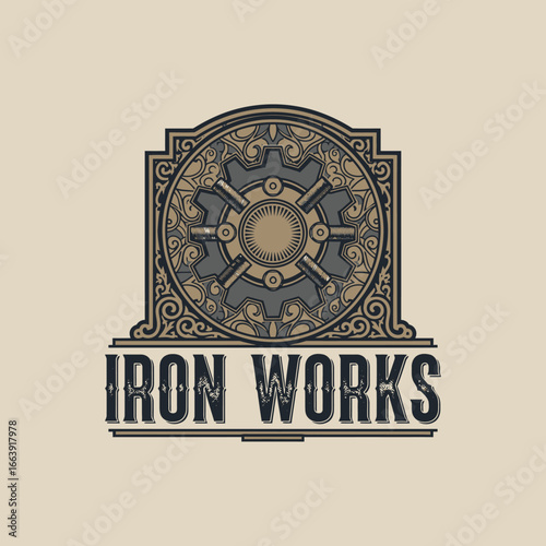 A vintage-style logo featuring intricate gears and ornate details. Industrial or mechanical business.