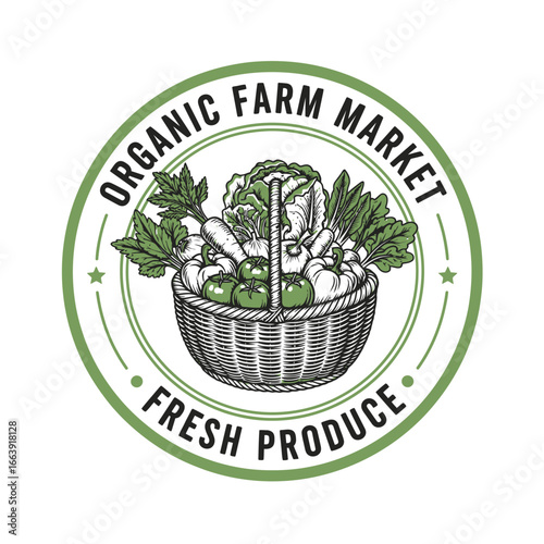 A logo design featuring a basket of fresh vegetables, perfect for an organic farm market.