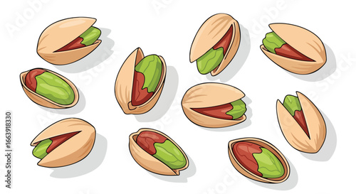Delightful pistachio nut illustration displaying a scattering of shelled treats arranged for a vibrant presentation, showcasing the snack's