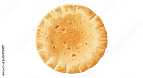 Detailed illustration of a perfectly baked chapati against a pristine white background showcases its golden-brown spots and textured edges,