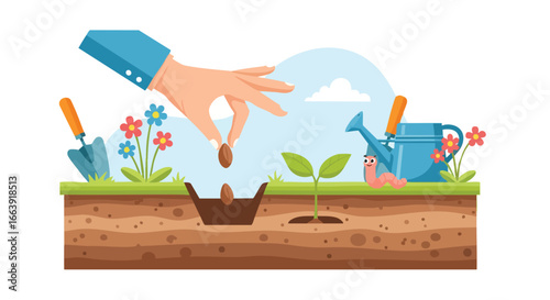 A hand sowing a seed in soil among flowers, tools, and a cheerful worm illustrates the beauty and potential of growth and care in a garden setting