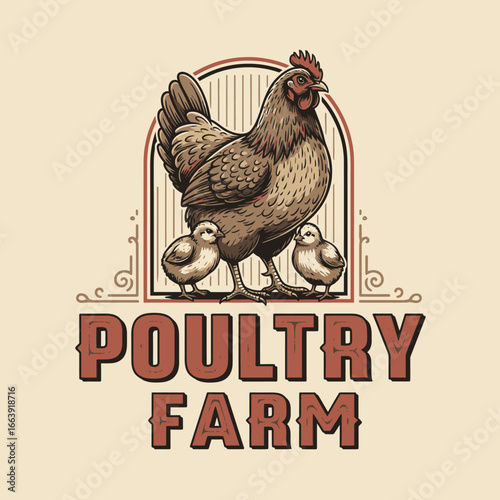 Vintage Chicken Farm Logo Design Vector Illustration with Hen and Chick Elements in Rustic Farming Style