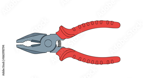 Isolated illustration of red and grey pliers over a plain white backdrop displaying tools for construction and repair activities suitable for