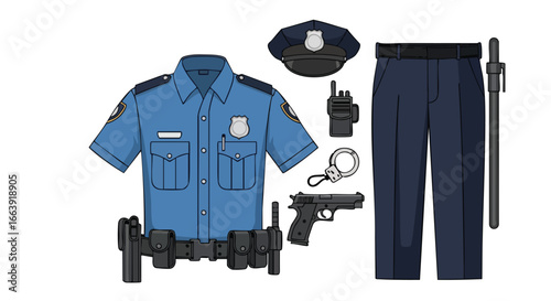 Detailed illustration of a police officer's uniform and equipment neatly arranged on a white backdrop showcasing elements of law enforcement