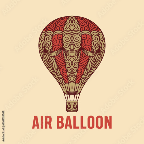 Classic Hot Air Balloon Logo Design Vector Illustration with Transport and Ornamental Emblem