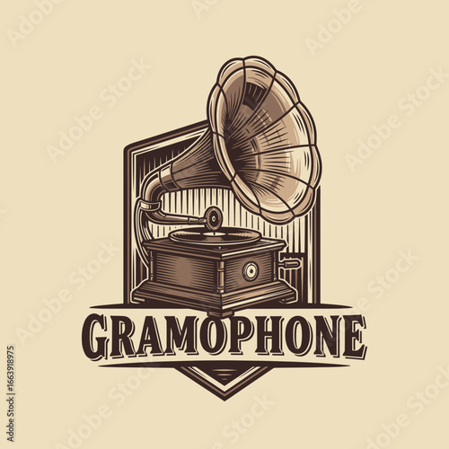 Classic Gramophone Logo Design Vector Illustration with Vintage Music Emblem Style