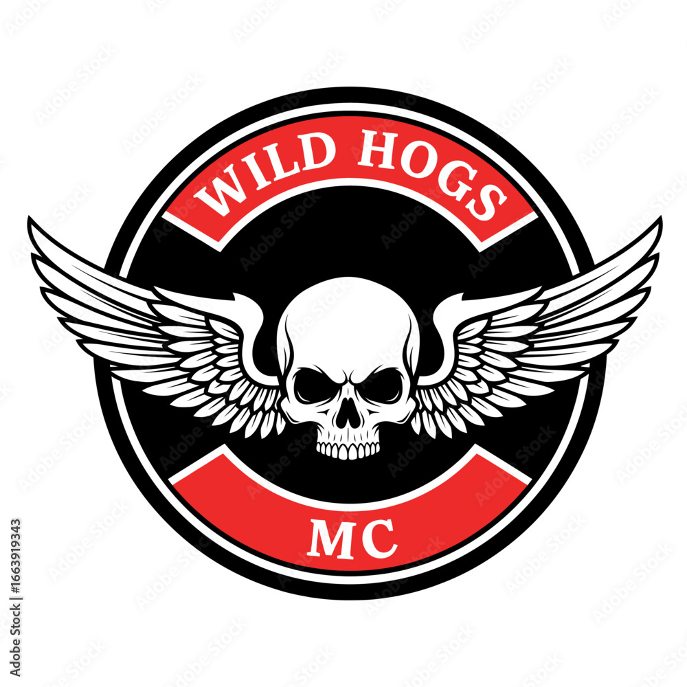 Fototapeta premium Skull Character Logo Design Vector Illustration with Wings in Black and Red Circle Emblem