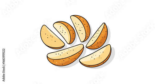 Delightful illustration of potato wedges arranged creatively on a pristine white background in a charming vector style, creating a playful,