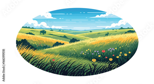 Stylized panorama capturing the vastness and tranquility of nature with vibrant colors evoking a sense of serenity and wonder