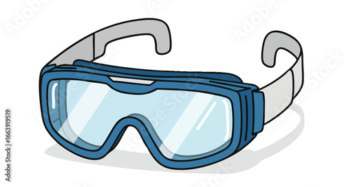 Artistic depiction of blue safety glasses with clear lenses and gray straps showing eye protection and industrial safety equipment illustration
