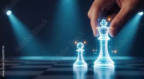 Competitive advantage concept. A strategist's hand moves a holographic king chess piece into a checkmate position against a pawn, symbolizing market dominance.