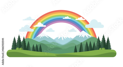 Serene mountain landscape with vibrant rainbow arc and verdant trees creating a peaceful view, perfect illustration for nature beauty and