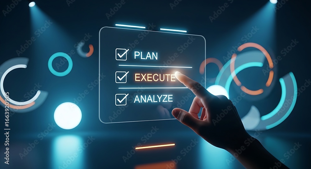 Fototapeta premium Action plan and execution concept. A holographic checklist shows three steps: