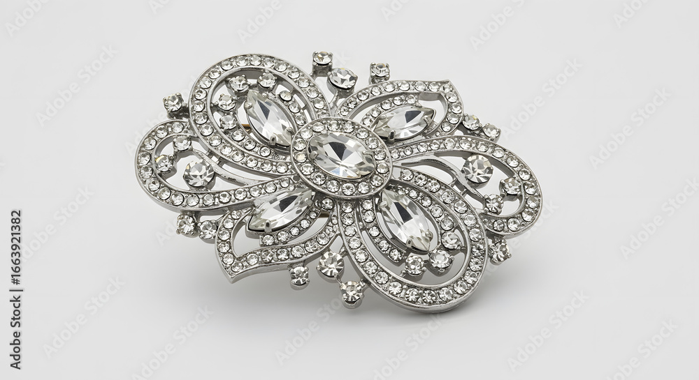 Obraz premium Elegant Crystal Brooch on a White Background Showcasing Intricate Detailing and Shimmering Stones for Fashion Accessories and Jewelry Collections Promotion.