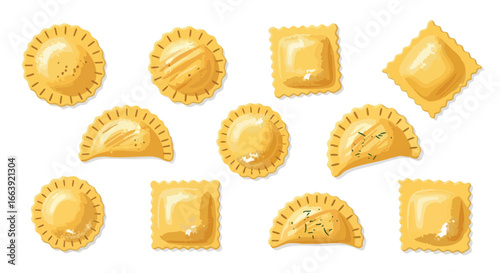 Whimsical collection of vibrant golden ravioli shapes showcased on a clean background, adding a playful and culinary touch
