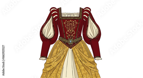 Intricate historical gown with ornamental details and bright color palette, a visual representation of an elegant princess dress with elaborate