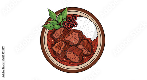 Aromatic beef stew illustration, featuring rice, fresh herbs, and vibrant tomatoes, capturing a delicious and appetizing meal presentation