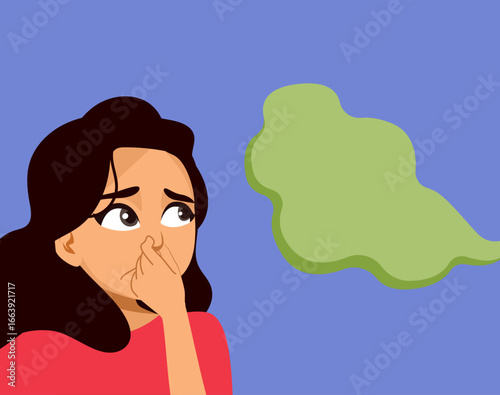 Young Hispanic woman covering her nose due to a foul green odor cloud cartoon vector illustration. Clip art for hygiene topics, environmental warnings and humor designs