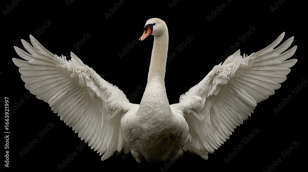 Fototapeta premium Majestic swan, wings fully spread, feathers detailed against stark black background