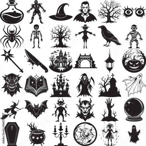 Halloween Silhouette Vector Set — Witch, Bats, Pumpkins & Haunted Elements
 