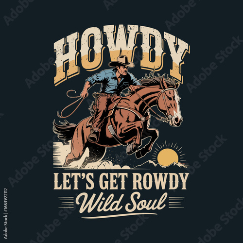 A dynamic graphic depicting a cowboy riding a horse, showcasing the spirit of adventure and freedom found in the Wild West, perfect for apparel and merchandise.