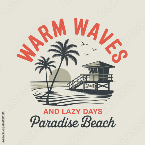This artistic illustration captures a serene beach scene featuring palm trees and a lifeguard tower against a warm sunset, conveying relaxation and a laid-back atmosphere.