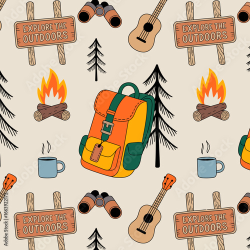 A vibrant pattern filled with camping elements such as backpacks, fire pits, mugs, and trees, highlighting a love for outdoor adventures and exploration in nature.