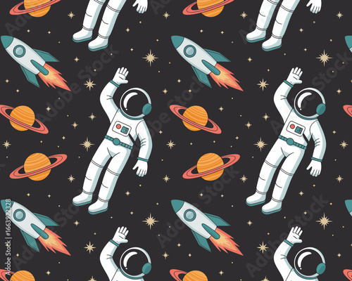 This captivating image depicts astronauts floating among rockets and planets, showcasing the wonder of space exploration and the adventurous spirit of humanity in a playful design.